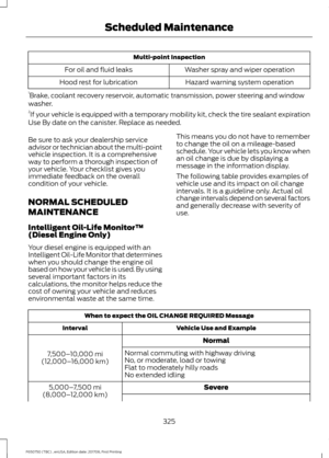 Page 328Multi-point Inspection
Washer spray and wiper operation
For oil and fluid leaks
Hazard warning system operation
Hood rest for lubrication
1 Brake, coolant recovery reservoir, automatic transmission, power steering and window
washer.
2 If your vehicle is equipped with a temporary mobility kit, check the tire sealant expiration
Use By date on the canister. Replace as needed.
Be sure to ask your dealership service
advisor or technician about the multi-point
vehicle inspection. It is a comprehensive
way to...