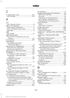 Page 3782
2-Speed Rear Axle.......................................120
Axle Shifting......................................................... 120
A
A/C See: Climate Control........................................... 72
About This Manual
...........................................7
Diesel Engine Information................................... 8
Minor Troubleshooting Guide............................ 9
Warnings.................................................................... 8
ABS See:...