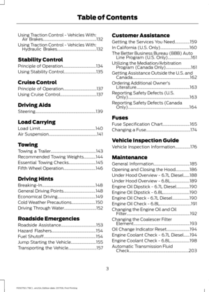 Page 6Using Traction Control - Vehicles With:
Air Brakes.....................................................132
Using Traction Control - Vehicles With: Hydraulic Brakes
.......................................132
Stability Control
Principle of Operation.................................134
Using Stability Control................................135
Cruise Control
Principle of Operation.................................137
Using Cruise Control....................................137
Driving Aids...