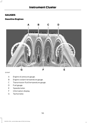 Page 59GAUGES
Gasoline Engines
Engine oil pressure gauge.
A
Engine coolant temperature gauge.
B
Transmission fluid temperature gauge.
C
Fuel gauge.
D
Speedometer.
E
Information display.
F
Tachometer.
G
56
F650750 (TBC) , enUSA, Edition date: 201708, First Printing Instrument ClusterE215247  