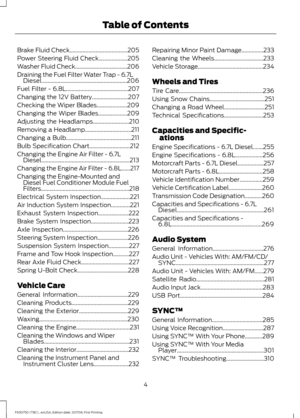 Page 7Brake Fluid Check........................................205
Power Steering Fluid Check....................205
Washer Fluid Check....................................206
Draining the Fuel Filter Water Trap - 6.7L Diesel...........................................................206
Fuel Filter - 6.8L...........................................207
Changing the 12V Battery.........................207
Checking the Wiper Blades.....................209
Changing the Wiper Blades....................209
Adjusting...