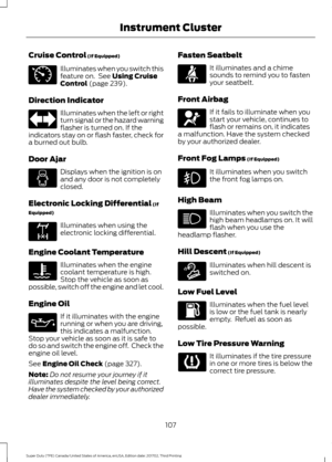 Page 110Cruise Control (If Equipped)
Illuminates when you switch this
feature on.  See 
Using Cruise
Control (page 239).
Direction Indicator Illuminates when the left or right
turn signal or the hazard warning
flasher is turned on. If the
indicators stay on or flash faster, check for
a burned out bulb.
Door Ajar Displays when the ignition is on
and any door is not completely
closed.
Electronic Locking Differential
 (If
Equipped) Illuminates when using the
electronic locking differential.
Engine Coolant...