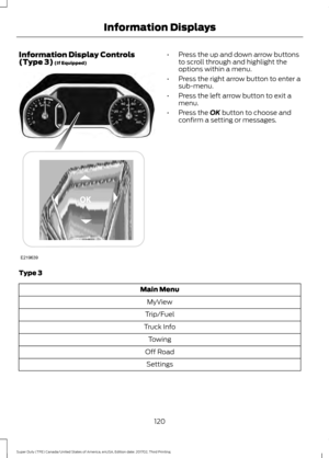 Page 123Information Display Controls
(Type 3) (If Equipped) •
Press the up and down arrow buttons
to scroll through and highlight the
options within a menu.
• Press the right arrow button to enter a
sub-menu.
• Press the left arrow button to exit a
menu.
• Press the 
OK button to choose and
confirm a setting or messages.
Type 3 Main Menu
MyView
Trip/Fuel
Truck Info Towing
Off Road Settings
120
Super Duty (TFE) Canada/United States of America, enUSA, Edition date: 201702, Third Printing Information DisplaysE219639  