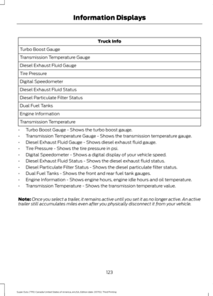 Page 126Truck Info
Turbo Boost Gauge
Transmission Temperature Gauge
Diesel Exhaust Fluid Gauge
Tire Pressure
Digital Speedometer
Diesel Exhaust Fluid Status
Diesel Particulate Filter Status
Dual Fuel Tanks
Engine Information
Transmission Temperature
• Turbo Boost Gauge - Shows the turbo boost gauge.
• Transmission Temperature Gauge - Shows the transmission temperature gauge.
• Diesel Exhaust Fluid Gauge - Shows diesel exhaust fluid gauge.
• Tire Pressure - Shows the tire pressure in psi.
• Digital Speedometer -...