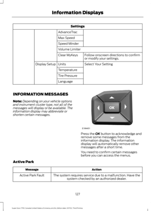 Page 130Settings
AdvanceTrac
Max Speed
Speed Minder
Volume Limiter Follow onscreen directions to confirm
or modify your settings.
Clear MyKeys
Select Your Setting
Units
Display Setup
Temperature
Tire Pressure
Language
INFORMATION MESSAGES
Note: Depending on your vehicle options
and instrument cluster type, not all of the
messages will display or be available. The
information display may abbreviate or
shorten certain messages. Press the OK button to acknowledge and
remove some messages from the
information...