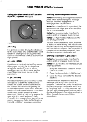 Page 216Using the Electronic Shift on the
Fly 4WD system (If Equipped)
2H (4X2)
For general on-road driving. Sends power
to the rear wheels only and should be used
for street and highway driving. Provides
optimal smoothness and fuel economy at
high speeds.
4H (4X4 HIGH)
Provides mechanically locked four-wheel
drive power to both the front and rear
wheels for use in off-road or winter
conditions such as deep snow, sand or
mud. This mode is not for use on dry
pavement.
4L (4X4 LOW)
Provides mechanically locked...