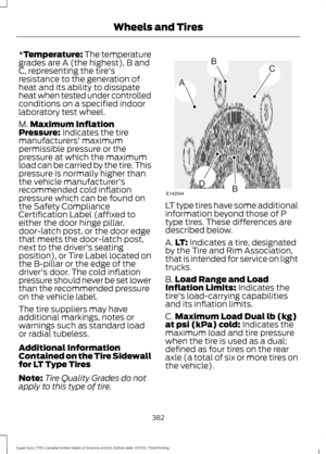 Page 385*Temperature: The temperature
grades are A (the highest), B and
C, representing the tire's
resistance to the generation of
heat and its ability to dissipate
heat when tested under controlled
conditions on a specified indoor
laboratory test wheel.
M. Maximum Inflation
Pressure:
 Indicates the tire
manufacturers' maximum
permissible pressure or the
pressure at which the maximum
load can be carried by the tire. This
pressure is normally higher than
the vehicle manufacturer's
recommended cold...