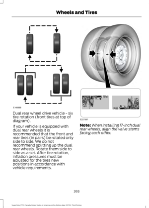 Page 396Dual rear wheel drive vehicle - six
tire rotation (front tires at top of
diagram).
If your vehicle is equipped with
dual rear wheels it is
recommended that the front and
rear tires (in pairs) be rotated only
side to side. We do not
recommend splitting up the dual
rear wheels. Rotate them side to
side as a set. After tire rotation,
inflation pressures must be
adjusted for the tires new
positions in accordance with
vehicle requirements.
Note:
When installing 17-inch dual
rear wheels, align the valve stems...