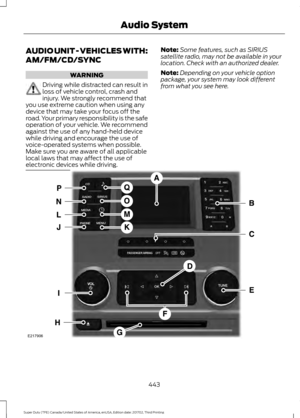 Page 446AUDIO UNIT - VEHICLES WITH:
AM/FM/CD/SYNC
WARNING
Driving while distracted can result in
loss of vehicle control, crash and
injury. We strongly recommend that
you use extreme caution when using any
device that may take your focus off the
road. Your primary responsibility is the safe
operation of your vehicle. We recommend
against the use of any hand-held device
while driving and encourage the use of
voice-operated systems when possible.
Make sure you are aware of all applicable
local laws that may affect...