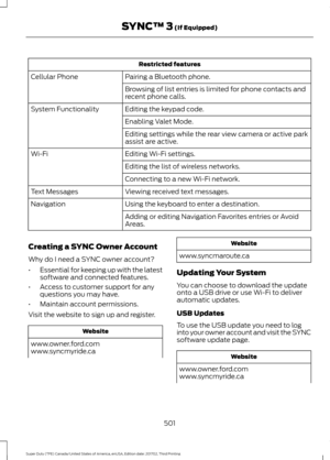 Page 504Restricted features
Pairing a Bluetooth phone.
Cellular Phone
Browsing of list entries is limited for phone contacts and
recent phone calls.
Editing the keypad code.
System Functionality
Enabling Valet Mode.
Editing settings while the rear view camera or active park
assist are active.
Editing Wi-Fi settings.
Wi-Fi
Editing the list of wireless networks.
Connecting to a new Wi-Fi network.
Viewing received text messages.
Text Messages
Using the keyboard to enter a destination.
Navigation
Adding or editing...