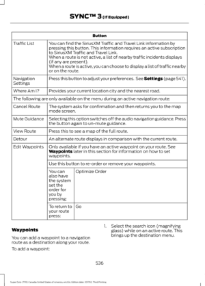 Page 539Button
You can find the SiriusXM Traffic and Travel Link information by
pressing this button. This information requires an active subscription
to SiriusXM Traffic and Travel Link.
Traffic List
When a route is not active, a list of nearby traffic incidents displays
(if any are present).
When a route is active, you can choose to display a list of traffic nearby
or on the route.
Press this button to adjust your preferences.  See Settings (page 541).
Navigation
Settings
Provides your current location city...