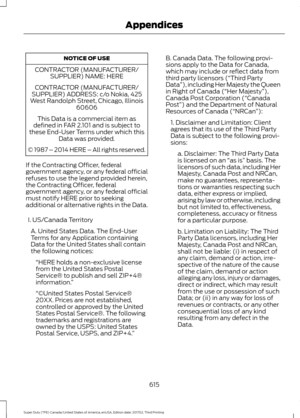 Page 618NOTICE OF USE
CONTRACTOR (MANUFACTURER/ SUPPLIER) NAME: HERE
CONTRACTOR (MANUFACTURER/
SUPPLIER) ADDRESS: c/o Nokia, 425
West Randolph Street, Chicago, Illinois 60606
This Data is a commercial item as
defined in FAR 2.101 and is subject to
these End-User Terms under which this Data was provided.
© 1987 – 2014 HERE – All rights reserved.
If the Contracting Officer, federal
government agency, or any federal official
refuses to use the legend provided herein,
the Contracting Officer, federal
government...