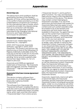 Page 626Governing Law.
The above terms and conditions shall be
governed by the laws of the People
’s
Republic of China, without giving effect to
(i) its conflict of laws provisions, or (ii) the
United Nations Convention for Contracts
for the International Sale of Goods, which
is explicitly excluded. Any dispute arising
from or in connection with the Data
provided to you hereunder shall be
submitted to the Shanghai International
Economic and Trade Arbitration
Commission for arbitration.
Gracenote® Copyright
CD...