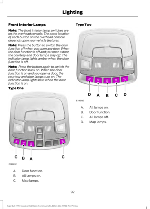 Page 95Front Interior Lamps
Note:
The front interior lamp switches are
on the overhead console. The exact location
of each button on the overhead console
depends upon your vehicle features.
Note: Press the button to switch the door
function off when you open any door. When
the door function is off and you open a door,
the courtesy and door lamps stay off. The
indicator lamp lights amber when the door
function is off.
Note:  Press the button again to switch the
door function back on. When the door
function is on...