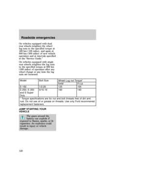 Page 120On vehicles equipped with dual
rear wheels retighten the wheel
lug nuts to the specified torque at
160 km (100 miles), and again at
800 km (500 miles) of new vehicle
operation and at intervals specified
in the ªService Guide.º
On vehicles equipped with single
rear wheels retighten the lug nuts
to the specified torque at 800 km
(500 miles) of operation after any
wheel change or any time the lug
nuts are loosened.
Model Bolt Size Wheel Lug nut Torque*
N²M Ft-Lb
E-150 1/2-20 135 100
E-250, E-350
and...