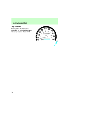 Page 14Trip odometer
Can register the kilometers
(mileage) of individual journeys.
To reset, depress the control.
0 1020304050
60
70
80
90
10 0
20  km/h
406080
10 0
12 0
14 0
16 0
MPH
000000
0000
Instrumentation
14 