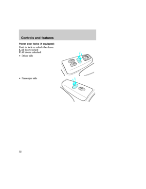 Page 32Power door locks (if equipped)
Push to lock or unlock the doors.
LAll doors locked
UAll doors unlocked
²Driver side
²Passenger side
UL
U L
eco_power_windows
Controls and features
32 