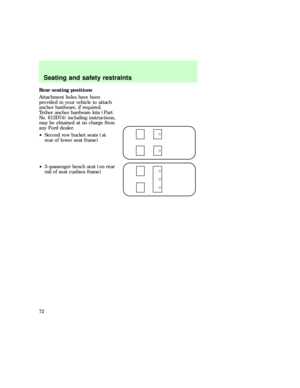 Page 72Rear seating positions
Attachment holes have been
provided in your vehicle to attach
anchor hardware, if required.
Tether anchor hardware kits (Part
No. 613D74) including instructions,
may be obtained at no charge from
any Ford dealer.
²Second row bucket seats (at
rear of lower seat frame)
²3±passenger bench seat (on rear
rail of seat cushion frame)
Seating and safety restraints
72 