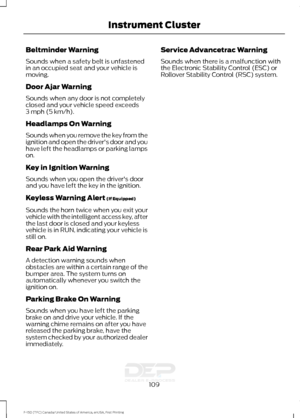 Page 112Beltminder Warning
Sounds when a safety belt is unfastened
in an occupied seat and your vehicle is
moving.
Door Ajar Warning
Sounds when any door is not completely
closed and your vehicle speed exceeds
3 mph (5 km/h).
Headlamps On Warning
Sounds when you remove the key from the
ignition and open the driver's door and you
have left the headlamps or parking lamps
on.
Key in Ignition Warning
Sounds when you open the driver's door
and you have left the key in the ignition.
Keyless Warning Alert
 (If...