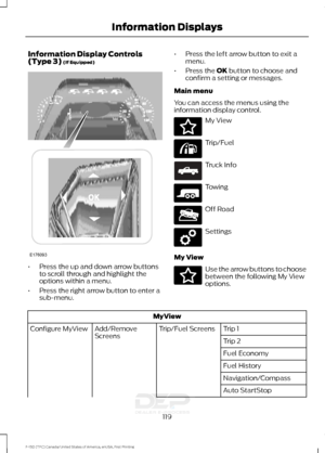 Page 122Information Display Controls
(Type 3) (If Equipped)
•
Press the up and down arrow buttons
to scroll through and highlight the
options within a menu.
• Press the right arrow button to enter a
sub-menu. •
Press the left arrow button to exit a
menu.
• Press the 
OK button to choose and
confirm a setting or messages.
Main menu
You can access the menus using the
information display control. My View
Trip/Fuel
Truck Info
Towing
Off Road
Settings
My View Use the arrow buttons to choose
between the following My...