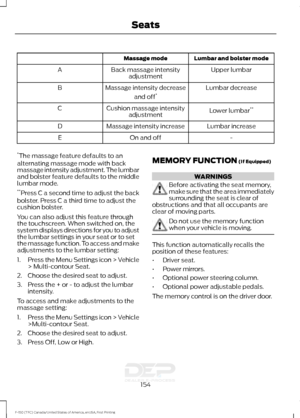 Page 157Lumbar and bolster mode
Massage mode
Upper lumbar
Back massage intensity
adjustment
A
Lumbar decrease
Massage intensity decrease
and off*
B
Lower lumbar**
Cushion massage intensity
adjustment
C
Lumbar increase
Massage intensity increase
D
-
On and off
E
* The massage feature defaults to an
alternating massage mode with back
massage intensity adjustment. The lumbar
and bolster feature defaults to the middle
lumbar mode.
** Press C a second time to adjust the back
bolster. Press C a third time to adjust...