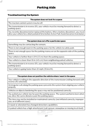 Page 220Troubleshooting the System
The system does not look for a space
The traction control system may be off.
The transmission is in reverse (R); your vehicle must be moving forward to detect a
parking space.
You recently disconnected or replaced the battery. After a battery disconnect, you must
drive your vehicle for a short period of time before Active Park Assist becomes functional. The system does not offer a particular space
Something may be contacting the sensors.
There is not enough room in the parking...