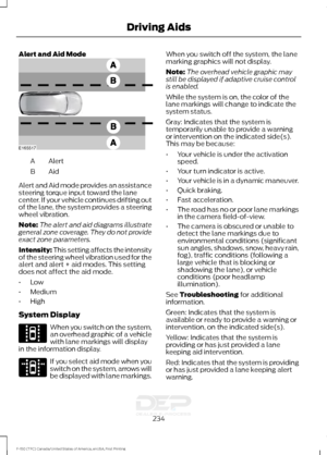 Page 237Alert and Aid Mode
Alert
A
AidB
Alert and Aid mode provides an assistance
steering torque input toward the lane
center. If your vehicle continues drifting out
of the lane, the system provides a steering
wheel vibration.
Note: The alert and aid diagrams illustrate
general zone coverage. They do not provide
exact zone parameters.
Intensity: This setting affects the intensity
of the steering wheel vibration used for the
alert and alert + aid modes. This setting
does not affect the aid mode.
• Low
• Medium
•...