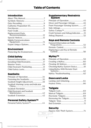 Page 4Introduction
About This Manual...........................................7
Symbols Glossary
.............................................7
Data Recording
..................................................9
California Proposition 65..............................11
Perchlorate.........................................................11
Ford Credit
..........................................................11
Replacement Parts Recommendation.......................................12
Special...