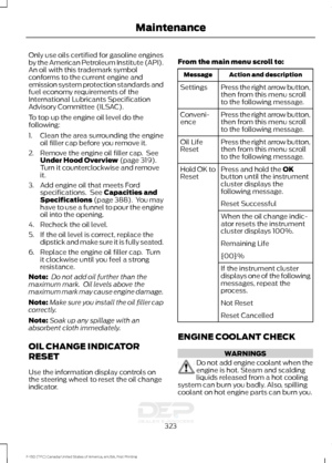 Page 326Only use oils certified for gasoline engines
by the American Petroleum Institute (API).
An oil with this trademark symbol
conforms to the current engine and
emission system protection standards and
fuel economy requirements of the
International Lubricants Specification
Advisory Committee (ILSAC).
To top up the engine oil level do the
following:
1. Clean the area surrounding the engine
oil filler cap before you remove it.
2. Remove the engine oil filler cap.  See Under Hood Overview (page 319).
Turn it...