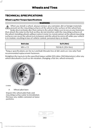 Page 383TECHNICAL SPECIFICATIONS
Wheel Lug Nut Torque Specifications
WARNING
When you install a wheel, always remove any corrosion, dirt or foreign materials
present on the mounting surfaces of the wheel or the surface of the wheel hub,
brake drum or brake disc that contacts the wheel. Make sure to secure any fasteners
that attach the rotor to the hub so they do not interfere with the mounting surfaces of
the wheel. Installing wheels without correct metal-to-metal contact at the wheel mounting
surfaces can cause...