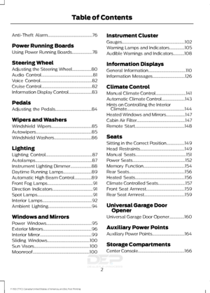 Page 5Anti-Theft Alarm............................................76
Power Running Boards
Using Power Running Boards....................78
Steering Wheel
Adjusting the Steering Wheel...................80
Audio Control
...................................................81
Voice Control
...................................................82
Cruise Control..................................................82
Information Display Control
.......................83
Pedals
Adjusting the...