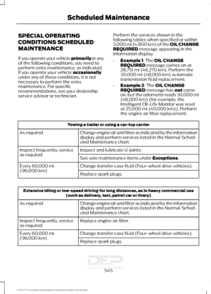 Page 548SPECIAL OPERATING
CONDITIONS SCHEDULED
MAINTENANCE
If you operate your vehicle primarily in any
of the f
ollowing conditions, you need to
perform extra maintenance, as indicated.
If you operate your vehicle 
occasionally
under any of these conditions, it is not
necessary to perform the extra
maintenance. For specific
recommendations, see your dealership
service advisor or technician. Perform the services shown in the
following tables when specified or within
3,000 mi (4,800 km) of the OIL CHANGE...