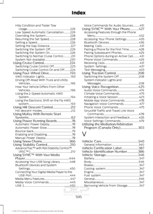 Page 598Hilly Condition and Trailer Tow
Usage................................................................. 229
Low Speed Automatic Cancellation..........229
Overriding the System..................................... 228
Resuming the Set Speed................................ 228
Setting a Speed.................................................. 226
Setting the Gap Distance................................ 227
Switching the System Off.............................. 229
Switching the System...