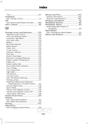 Page 599Tires........................................................................\
.
347
Ventilation See: Climate Control.......................................... 141
VIN See: Vehicle Identification Number............386
Voice Control...................................................82
W
Warning Lamps and Indicators...............105 Adaptive Cruise Control................................... 105
Anti-Lock Braking System.............................. 105
Automatic High...