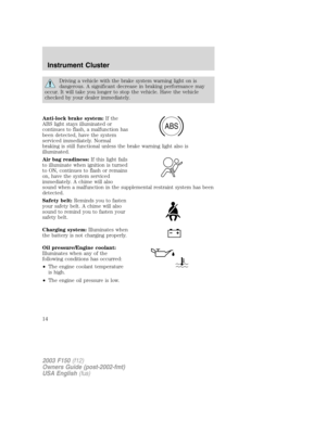 Page 14Driving a vehicle with the brake system warning light on is
dangerous. A significant decrease in braking performance may
occur. It will take you longer to stop the vehicle. Have the vehicle
checked by your dealer immediately.
Anti-lock brake system:If the
ABS light stays illuminated or
continues to flash, a malfunction has
been detected, have the system
serviced immediately. Normal
braking is still functional unless the brake warning light also is
illuminated.
Air bag readiness:If this light fails
to...