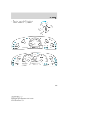 Page 139•Turn the key to 4 (ON) without
turning the key to 5 (START).
1
2
34
5
2003 F150(f12)
Owners Guide (post-2002-fmt)
USA English(fus)
Driving
139 