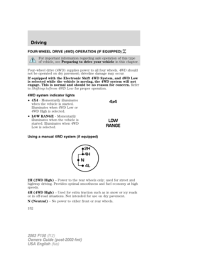 Page 152FOUR-WHEEL DRIVE (4WD) OPERATION (IF EQUIPPED)
For important information regarding safe operation of this type
of vehicle, seePreparing to drive your vehiclein this chapter.
Four–wheel drive (4WD) supplies power to all four wheels. 4WD should
not be operated on dry pavement; driveline damage may occur.
If equipped with the Electronic Shift 4WD System, and 4WD Low
is selected while the vehicle is moving, the 4WD system will not
engage. This is normal and should be no reason for concern.Refer
toShifting...