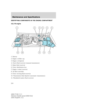 Page 218IDENTIFYING COMPONENTS IN THE ENGINE COMPARTMENT
4.2L V6 engine
1. Battery
2. Engine oil filler cap
3. Engine oil dipstick
4. Clutch fluid reservoir (manual transmission)
5. Brake fluid reservoir
6. Power distribution box
7. Engine coolant reservoir
8. Air filter assembly
9. Power steering fluid reservoir
10. Transmission fluid dipstick (automatic transmission)
11. Windshield washer fluid reservoir
2003 F150(f12)
Owners Guide (post-2002-fmt)
USA English(fus)
Maintenance and Specifications
218 