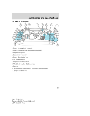 Page 2194.6L V8/5.4L V8 engines
1. Power steering fluid reservoir
2. Clutch fluid reservoir (manual transmission)
3. Engine oil dipstick
4. Brake fluid reservoir
5. Power distribution box
6. Air filter assembly
7. Engine coolant reservoir
8. Windshield washer fluid reservoir
9. Battery
10. Transmission fluid dipstick (automatic transmission)
11. Engine oil filler cap
2003 F150(f12)
Owners Guide (post-2002-fmt)
USA English(fus)
Maintenance and Specifications
219 