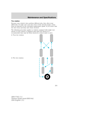 Page 253Tire rotation
Because your vehicle’s tires perform different jobs, they often wear
differently. To make sure your tires wear evenly and last longer, rotate
them as indicated in the scheduled maintenance guide. If you notice that
the tires wear unevenly, have them checked.
The following procedure applies to vehicles equipped with single rear
wheels, if your vehicle is equipped with dual rear wheels it is
recommended that only the front wheels be rotated (side to side).
•Four tire rotation
•Five tire...