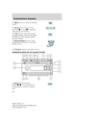 Page 2815.Mute:Press to mute the playing
media.
16.Seek:Press to listen to the
previous
or nextlistenable
radio station or CD track.
17.CD:Press to enter CD mode if
in another mode. Press CD to begin
CD play if a CD is already loaded
into the system.
18.Power/volume:Press to turn
on/off; turn to increase or decrease
volume levels.
19.CD door:Insert a CD, label side up.
PREMIUM IN-DASH SIX CD SOUND SYSTEM
1.Seek:Press and release
SEEK
/for previous/next
strong station, or track of current
disc.
SEEK
2003...