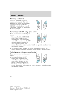 Page 64Resuming a set speed
Press the RES/RSM (resume)
control and release it. This will
automatically return the vehicle to
the previously set speed. The
RES/RSM control will not work if
the vehicle speed is not faster than
48 km/h (30 mph).
Increasing speed while using speed control
There are two ways to set a higher
speed:
•Press and hold the SET ACCEL
control until you get to the
desired speed, then release the
control. You can also use the SET
ACCEL control to operate the
Tap-Up function. Press and
release...