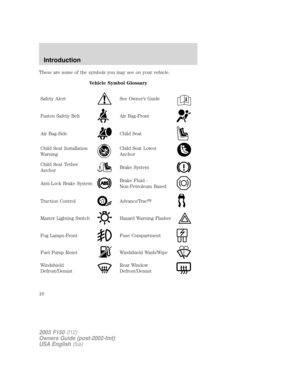Page 10These are some of the symbols you may see on your vehicle.
Vehicle Symbol Glossary
Safety Alert
See Owner’s Guide
Fasten Safety BeltAir Bag-Front
Air Bag-SideChild Seat
Child Seat Installation
WarningChild Seat Lower
Anchor
Child Seat Tether
AnchorBrake System
Anti-Lock Brake SystemBrake Fluid -
Non-Petroleum Based
Traction ControlAdvanceTrac
Master Lighting SwitchHazard Warning Flasher
Fog Lamps-FrontFuse Compartment
Fuel Pump ResetWindshield Wash/Wipe
Windshield
Defrost/DemistRear Window...