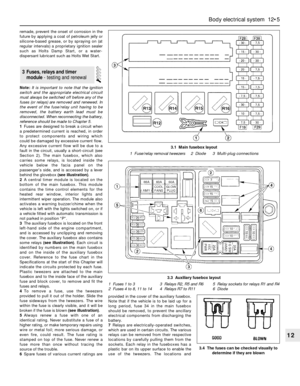 Page 206remade, prevent the onset of corrosion in the
future by applying a coat of petroleum jelly or
silicone-based grease, or by spraying on (at
regular intervals) a proprietary ignition sealer
such as Holts Damp Start, or a water-
dispersant lubricant such as Holts Wet Start.
Note:It is important to note that the ignition
switch and the appropriate electrical circuit
must always be switched off before any of the
fuses (or relays) are removed and renewed. In
the event of the fuse/relay unit having to be...