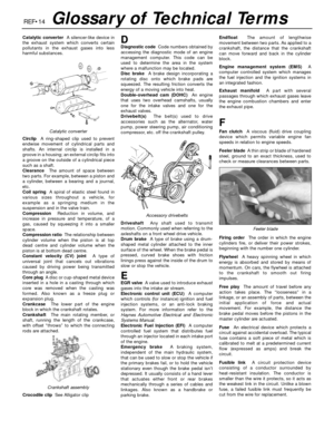 Page 273REF•14Glossary of Technical Terms
Catalytic converterA silencer-like device in
the exhaust system which converts certain
pollutants in the exhaust gases into less
harmful substances.
CirclipA ring-shaped clip used to prevent
endwise movement of cylindrical parts and
shafts. An internal circlip is installed in a
groove in a housing; an external circlip fits into
a groove on the outside of a cylindrical piece
such as a shaft.
ClearanceThe amount of space between
two parts. For example, between a piston...