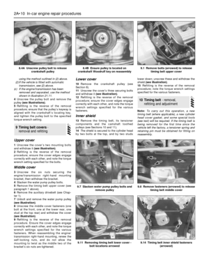 Page 50using the method outlined in (2) above.
(2) If the vehicle is fitted with automatic
transmission, see (2) above.
(c) If the engine/transmission has been
removed and separated, use the method
shown in illustration 21.11.
4Unscrew the pulley bolt and remove the
pulley (see illustrations).
5Refitting is the reverse of the removal
procedure; ensure that the pulley’s keyway is
aligned with the crankshaft’s locating key,
and tighten the pulley bolt to the specified
torque wrench setting.
Upper cover
1Unscrew...