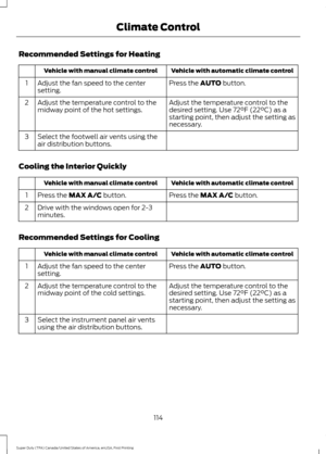 Page 117Recommended Settings for Heating
Vehicle with automatic climate control
Vehicle with manual climate control
Press the AUTO button.
Adjust the fan speed to the center
setting.
1
Adjust the temperature control to the
desired setting. Use 72°F (22°C) as a
starting point, then adjust the setting as
necessary.
Adjust the temperature control to the
midway point of the hot settings.
2
Select the footwell air vents using the
air distribution buttons.
3
Cooling the Interior Quickly Vehicle with automatic climate...