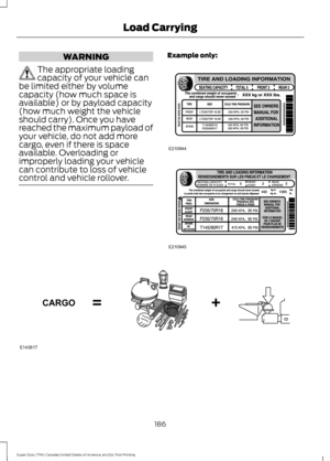 Page 189WARNING
The appropriate loading
capacity of your vehicle can
be limited either by volume
capacity (how much space is
available) or by payload capacity
(how much weight the vehicle
should carry). Once you have
reached the maximum payload of
your vehicle, do not add more
cargo, even if there is space
available. Overloading or
improperly loading your vehicle
can contribute to loss of vehicle
control and vehicle rollover. Example only:
186
Super Duty (TFA) Canada/United States of America, enUSA, First...