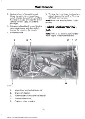 Page 2362. Go to the front of the vehicle and
locate the secondary release lever,
which is located under the front of the
hood, to your right of the center of the
vehicle (driver's side), toward the
headlight.
3. Release the hood latch by pushing the secondary release lever to your left,
toward the center of the vehicle.
4. Raise the hood. 5.
To close the hood, lower the hood and
allow it to drop the last 8 to 11 inches
(20 to 30 centimeters).
Note: Make sure that the hood is closed
properly.
UNDER HOOD...