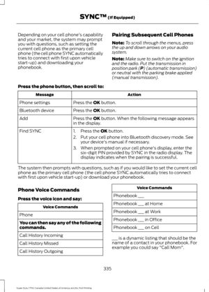 Page 338Depending on your cell phone's capability
and your market, the system may prompt
you with questions, such as setting the
current cell phone as the primary cell
phone (the cell phone SYNC automatically
tries to connect with first upon vehicle
start-up) and downloading your
phonebook.
Pairing Subsequent Cell Phones
Note:
To scroll through the menus, press
the up and down arrows on your audio
system.
Note: Make sure to switch on the ignition
and the radio. Put the transmission in
position park (P)...